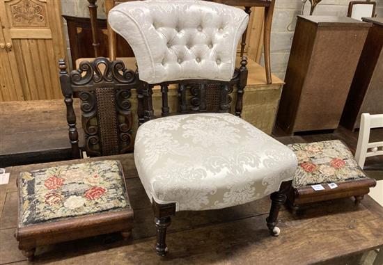 A pair of Victorian mahogany framed tapestry topped gout stools and a later Victorian button backed nursing chair